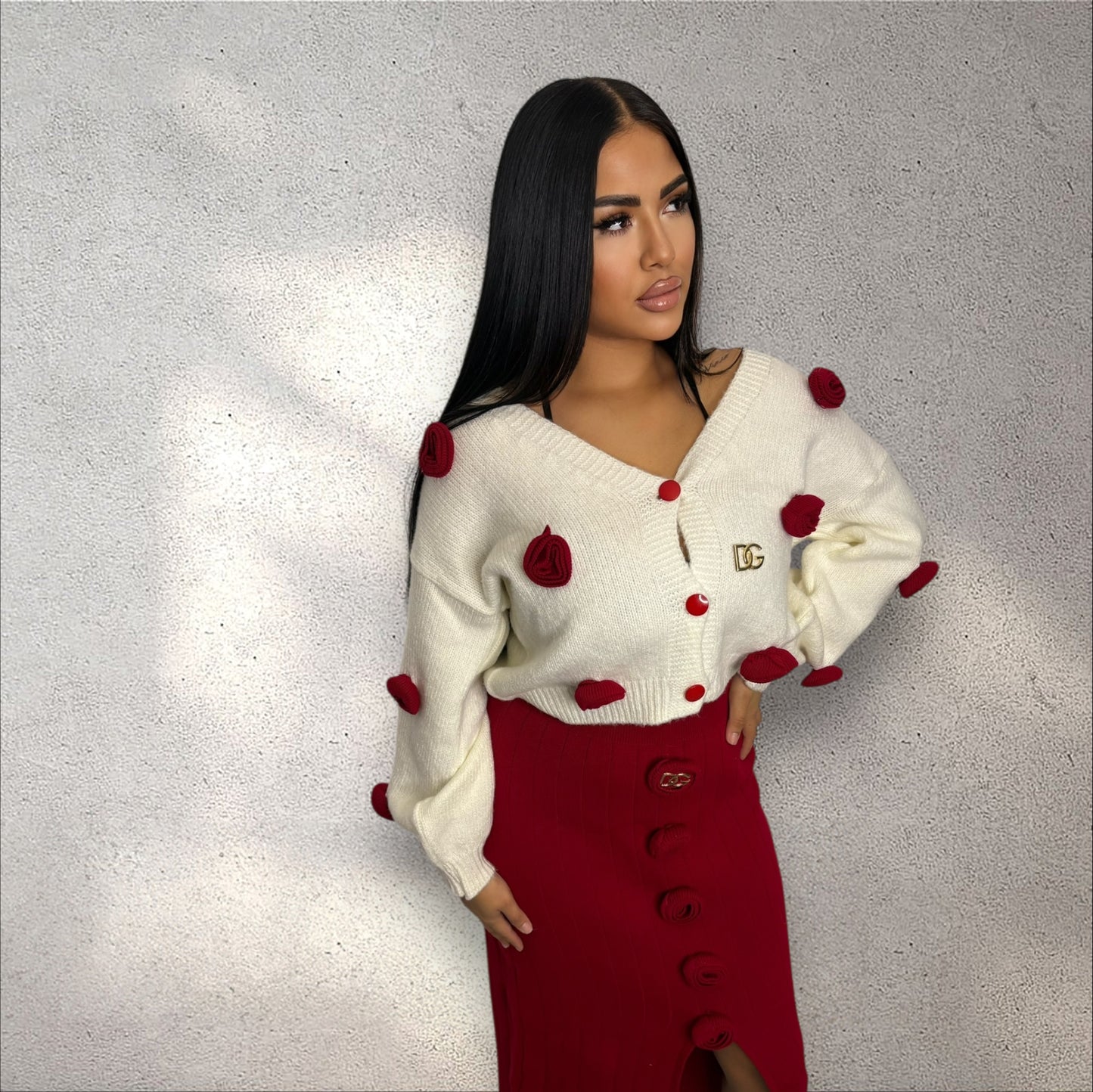 Compleu pulover trandafir roșu cu bonetă