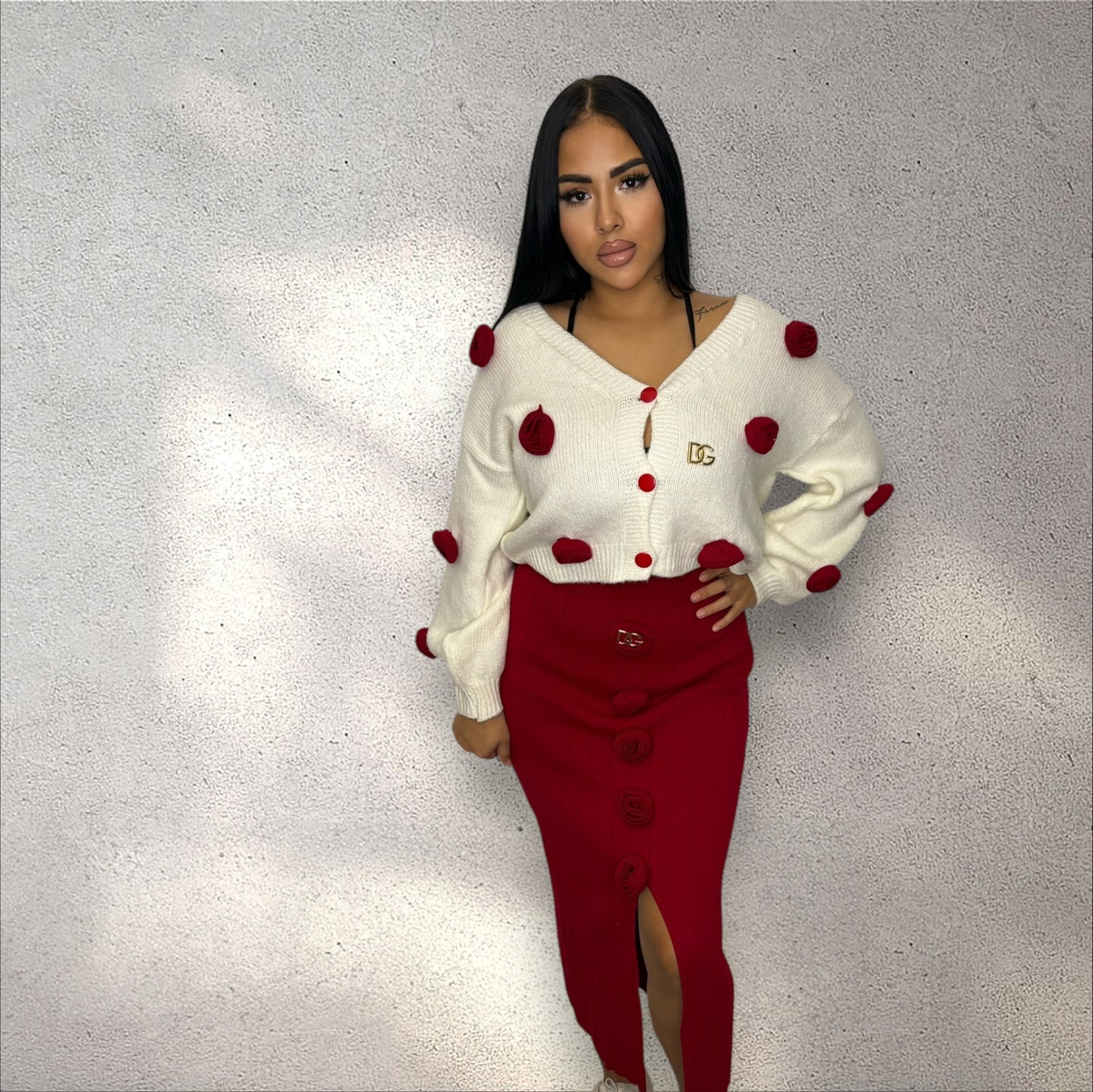 Compleu pulover trandafir roșu