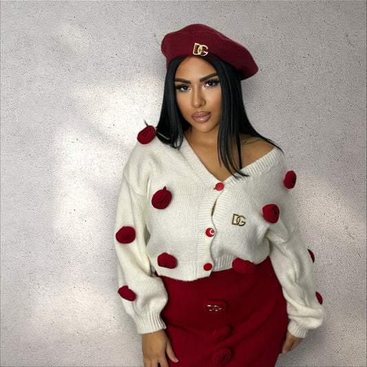 Compleu pulover trandafir roșu cu bonetă